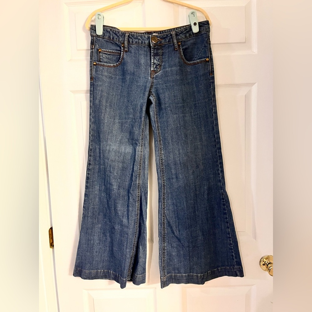Free People Women's Low Rise, Blue Wide Leg Jeans - Flared Denim